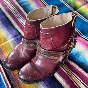 Freebird by Steven Burgundy Harness Ankle Boots | Distressed Leather